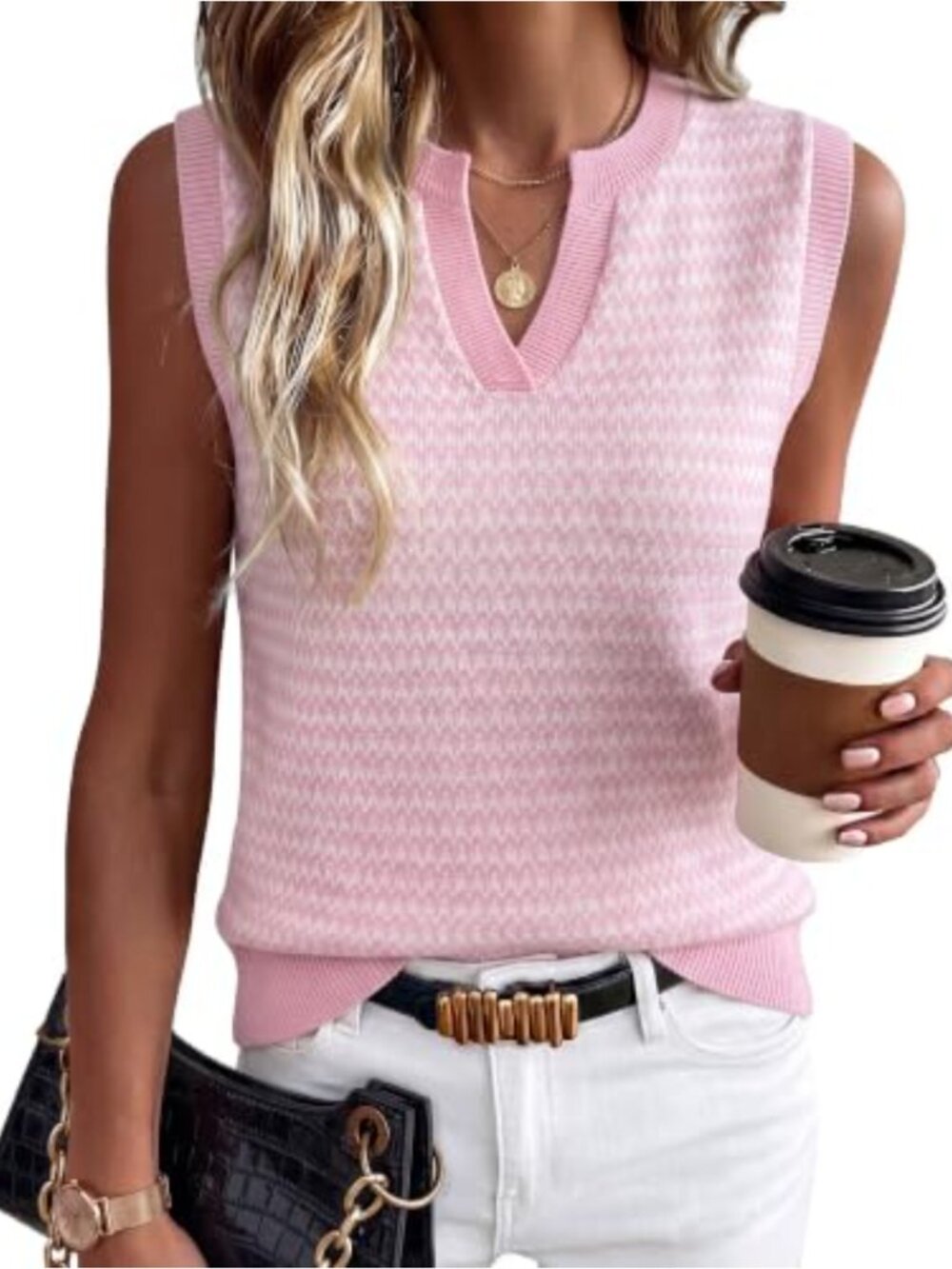 100% Cotton Sleeveless V-Neck Stripe Sweater Vest for Women